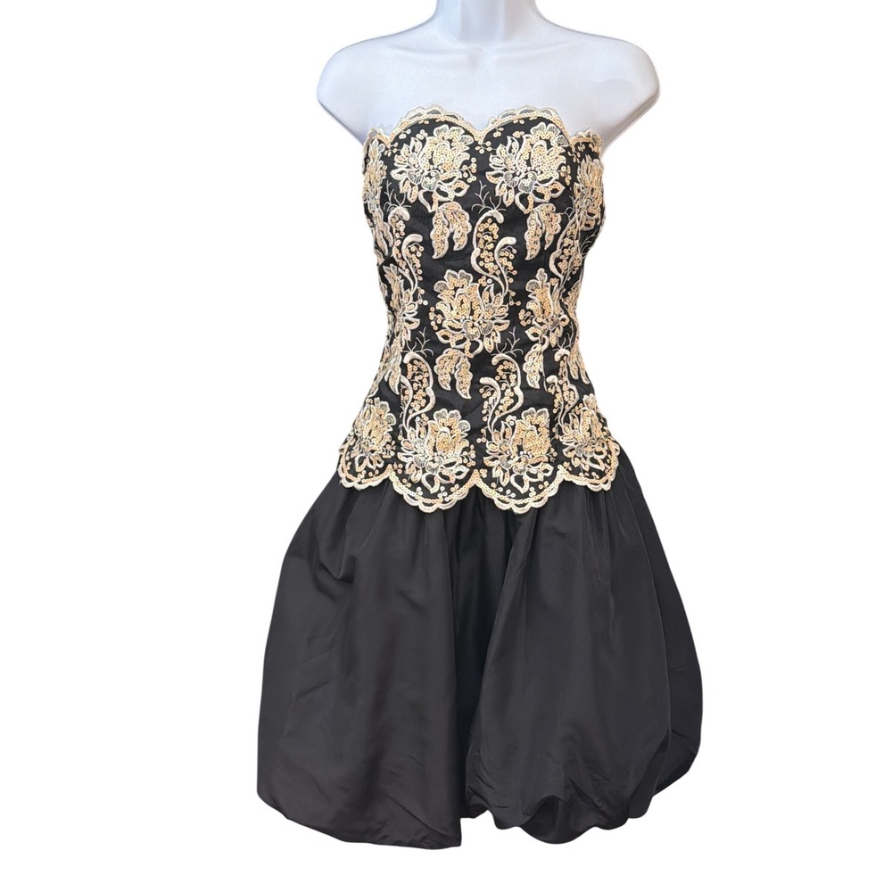 80s Gunne Sax Scalloped Hem Sequin Dress Floral Bubble Skirt Prom Party Glam